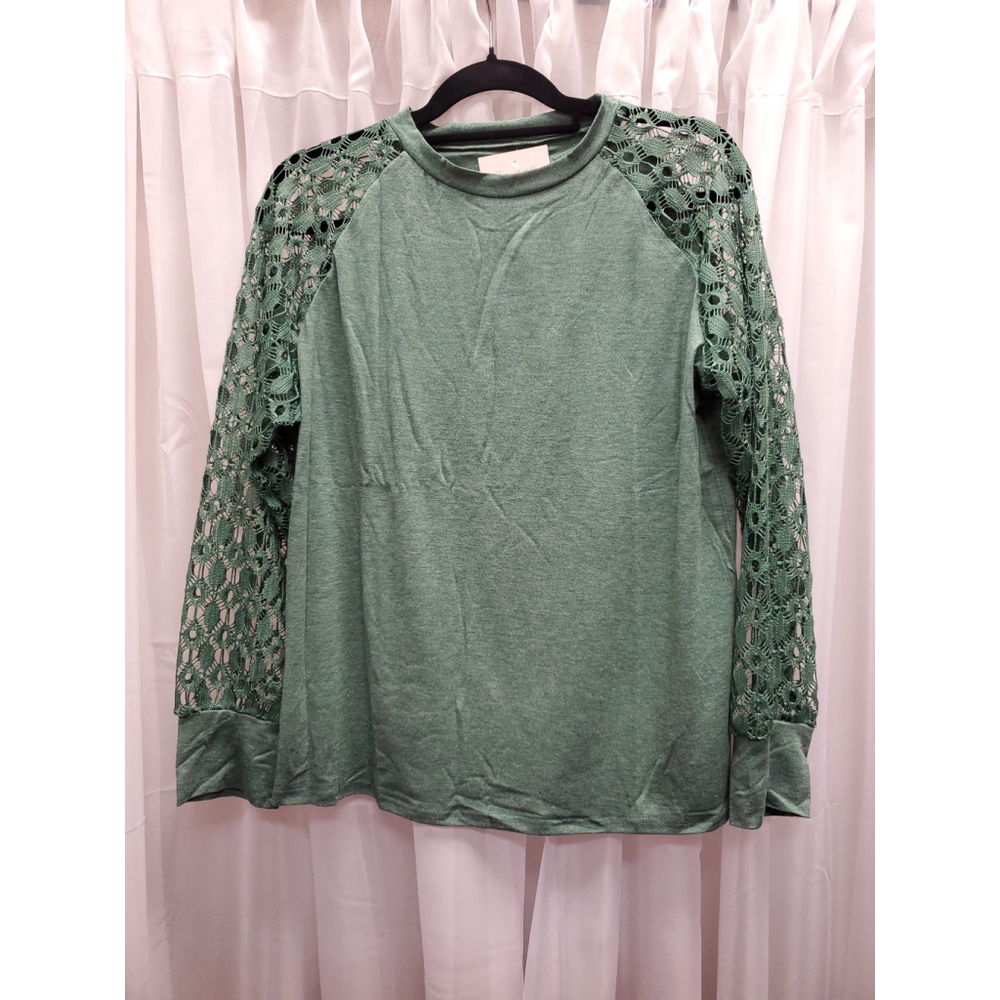 Sage Green Lace Sleeve Long Sleeve Top – Soft Knit Casual Blouse - Picture 3 of 3